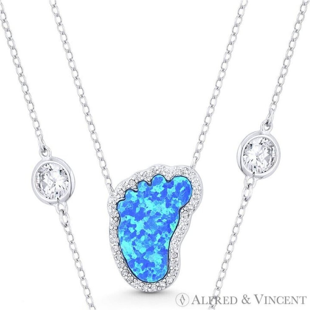 Pacific-Blue Lab Opal CZ Crystal Baby Footprint Necklace in .925 Sterling Silver